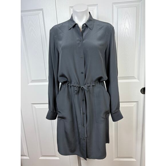 Eileen Fisher Silk Gray Button Down Dress Size S Roll Up Sleeves Front Pockets - Picture 1 of 12